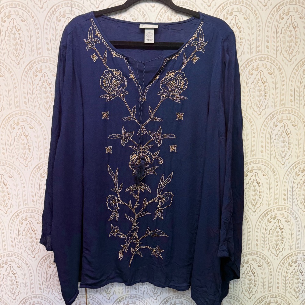 Catherines Peasant Blouse Womens 4X Navy Blue Embroidered Beaded Boho Tassel Top